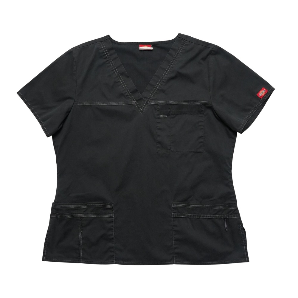 Dickies Gen Flex Womens XL Black Medical Scrub Top V-Neck Pockets